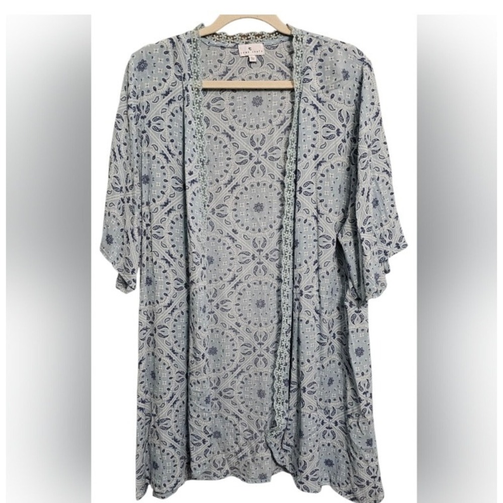 True Craft Women Blue Paisley Bandana Kimono Crochet Lace Trim Open Front Size L